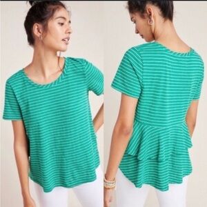 Anthropologie Green Striped Ruffle back Tee